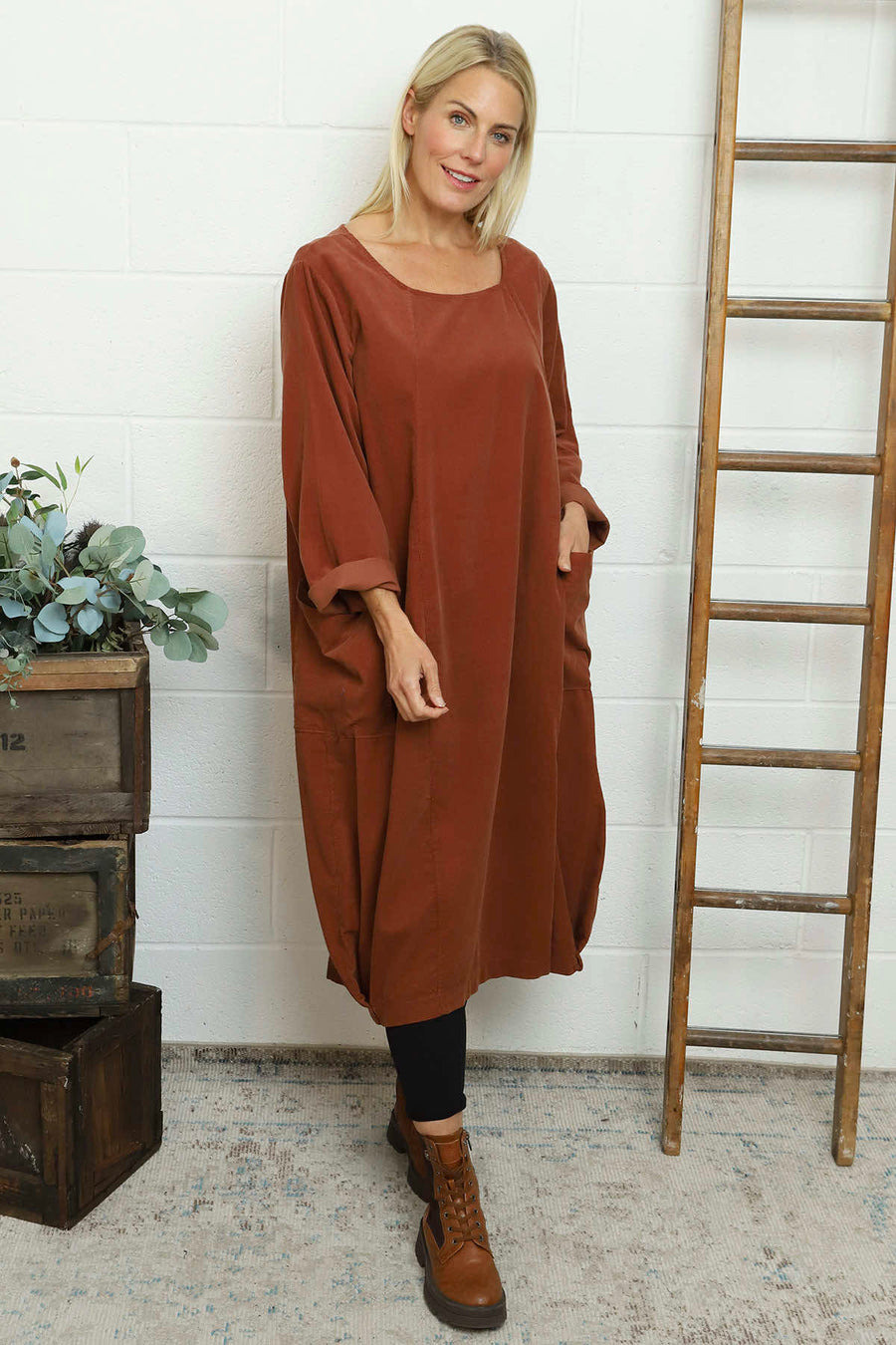 Liora Needlecord Dress Burnt Orange