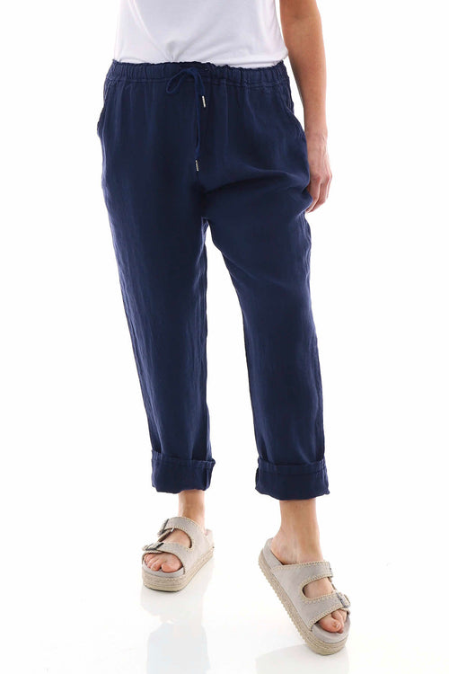 Filey Cropped Linen Trousers Navy - Image 4
