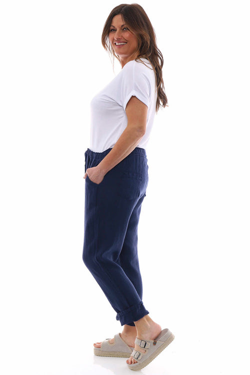 Filey Cropped Linen Trousers Navy - Image 5