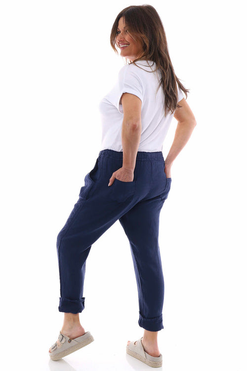 Filey Cropped Linen Trousers Navy - Image 7