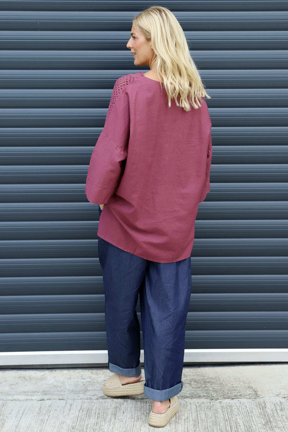 Natasha Crochet Shoulder Linen Top Wine