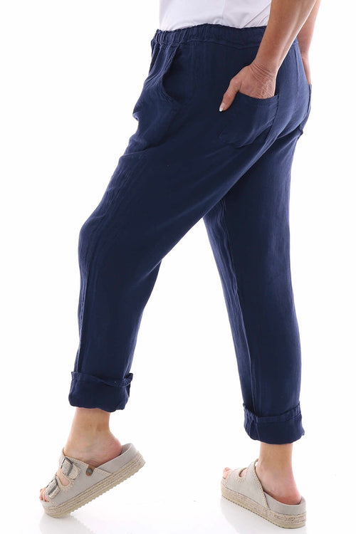 Filey Cropped Linen Trousers Navy - Image 8