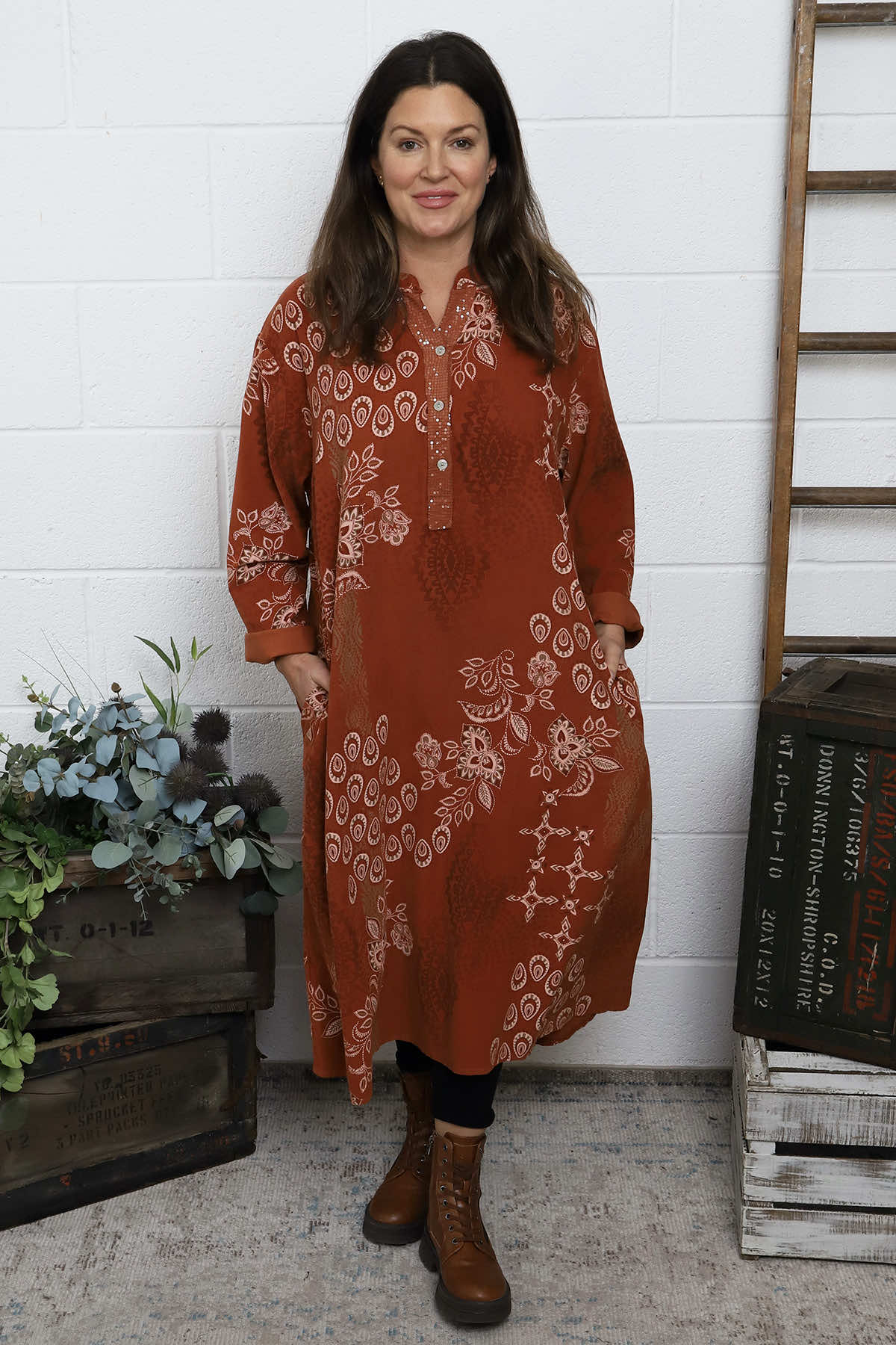 Alana Needlecord Pattern Dress Burnt Orange