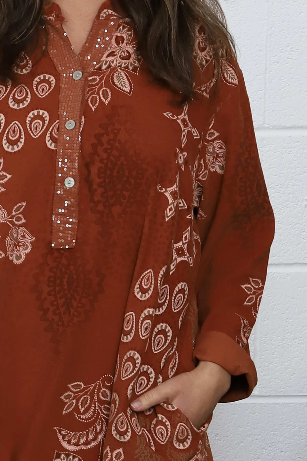 Alana Needlecord Pattern Dress Burnt Orange