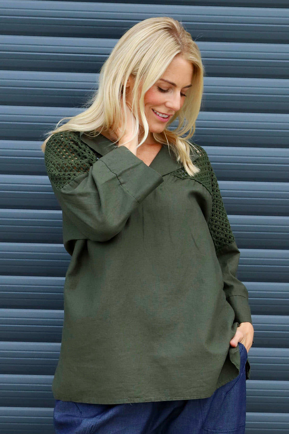 Natasha Crochet Shoulder Linen Top Dark Khaki