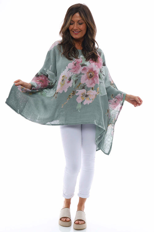 Melina Floral Batwing Linen Top Khaki - Image 2