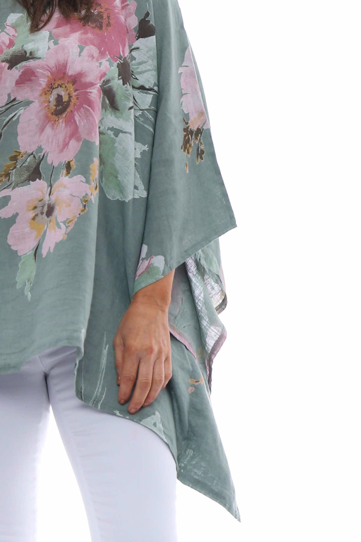 Melina Floral Batwing Linen Top Khaki
