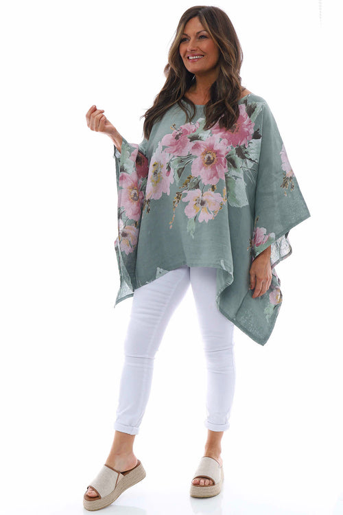 Melina Floral Batwing Linen Top Khaki - Image 5