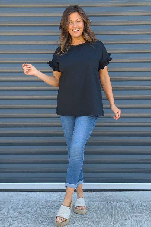 Summerleaze Frill Sleeve Cotton Top Black - Image 2