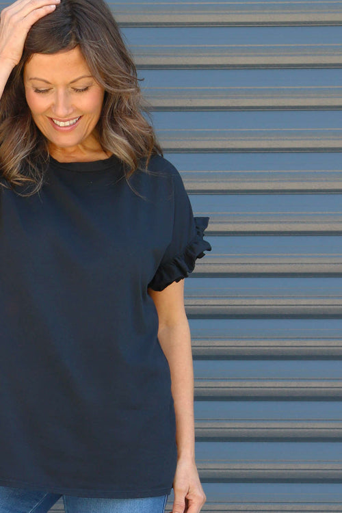 Summerleaze Frill Sleeve Cotton Top Black - Image 3
