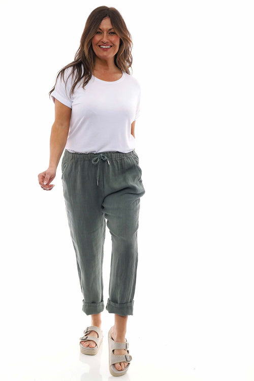 Filey Cropped Linen Trousers Khaki - Image 1