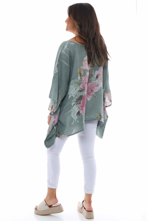 Melina Floral Batwing Linen Top Khaki - Image 6
