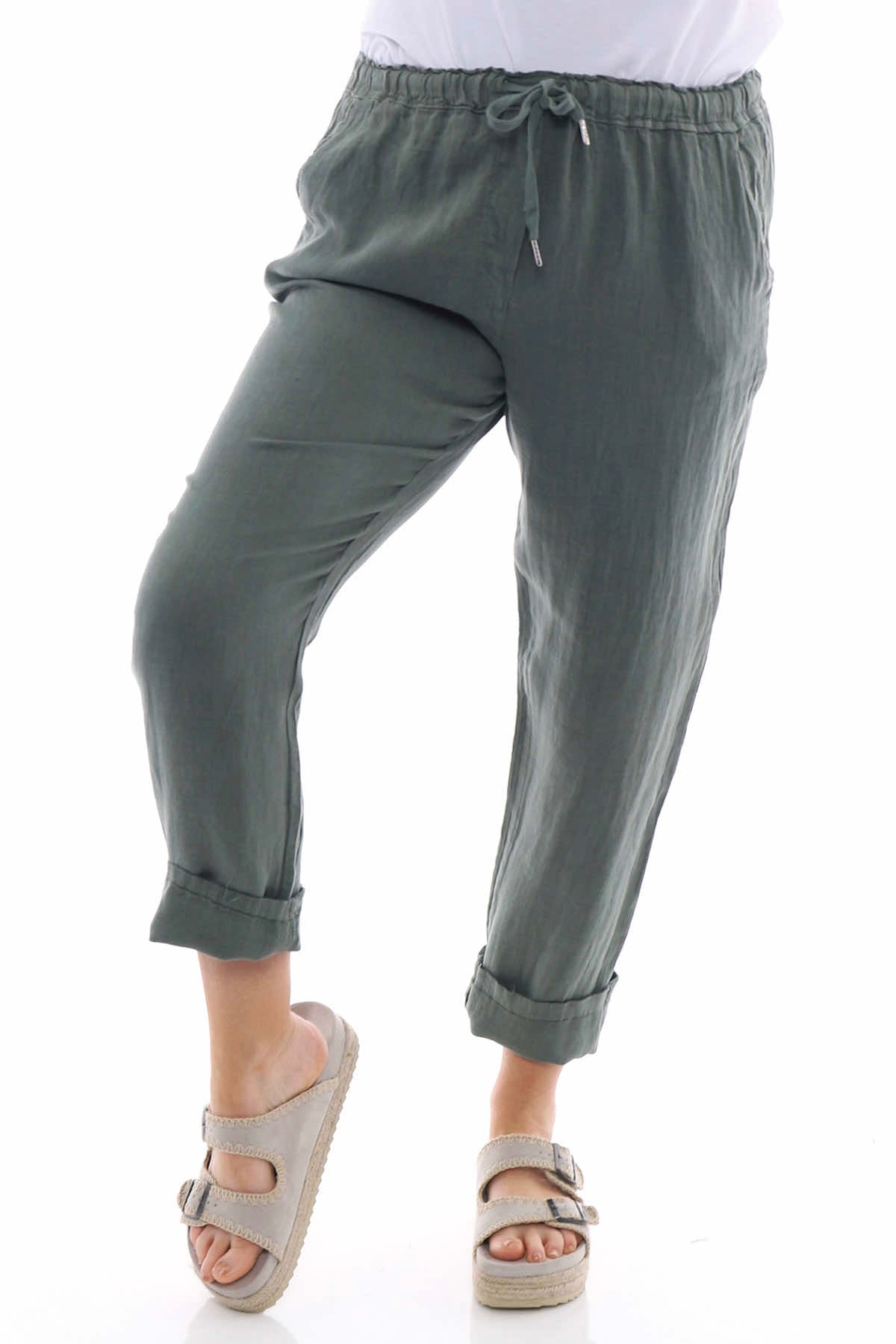 Filey Cropped Linen Trousers Khaki