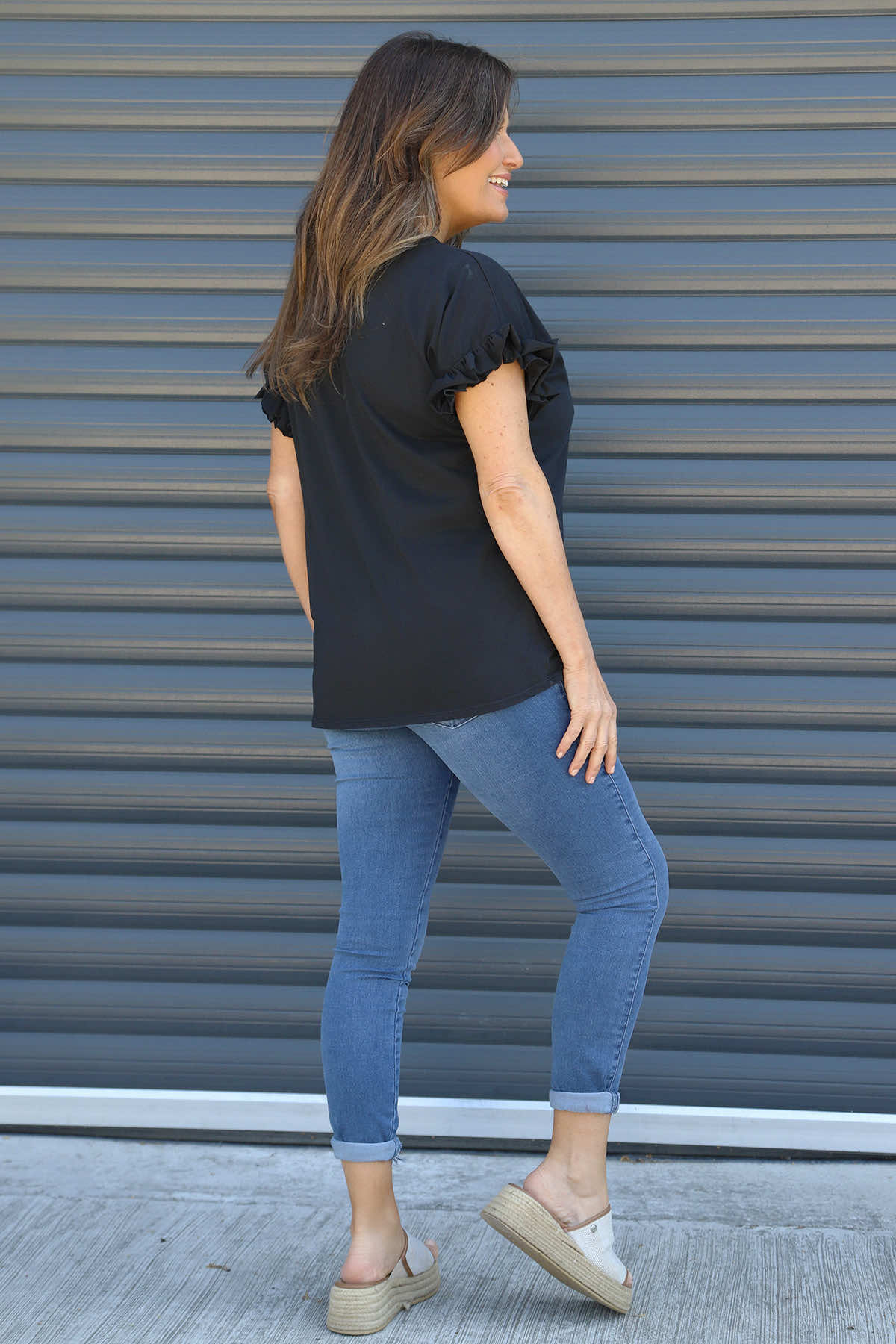 Summerleaze Frill Sleeve Cotton Top Black