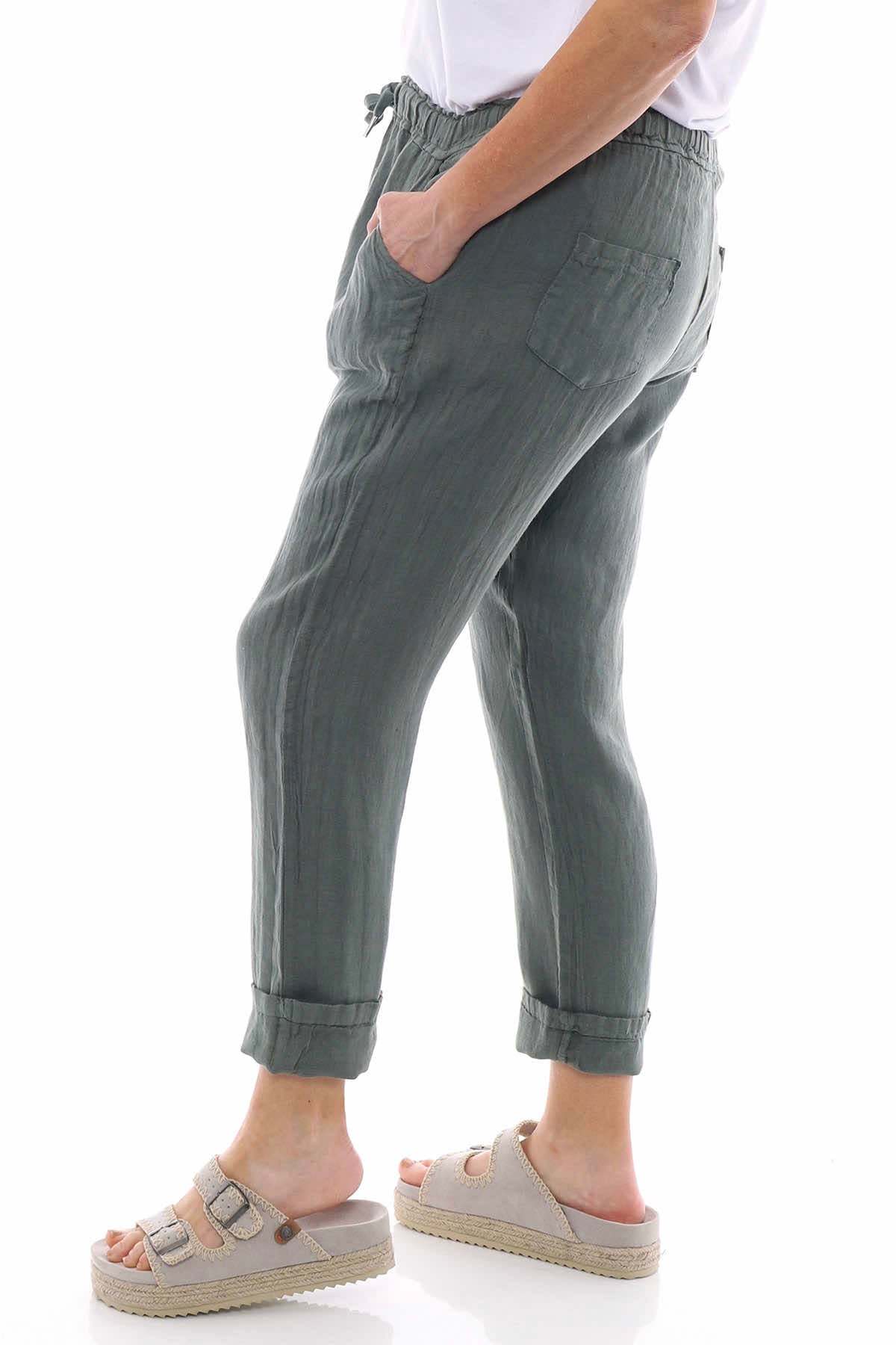 Filey Cropped Linen Trousers Khaki
