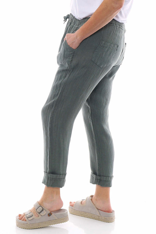 Filey Cropped Linen Trousers Khaki - Image 5