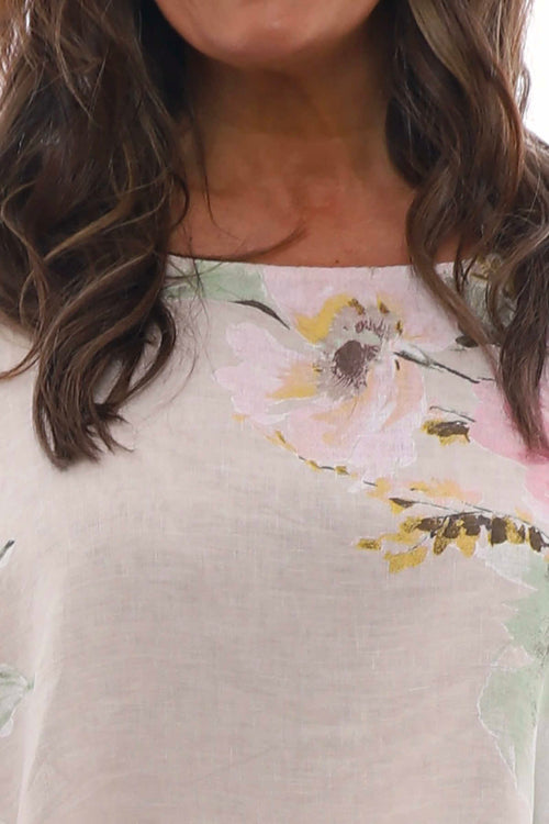 Melina Floral Batwing Linen Top Stone - Image 3