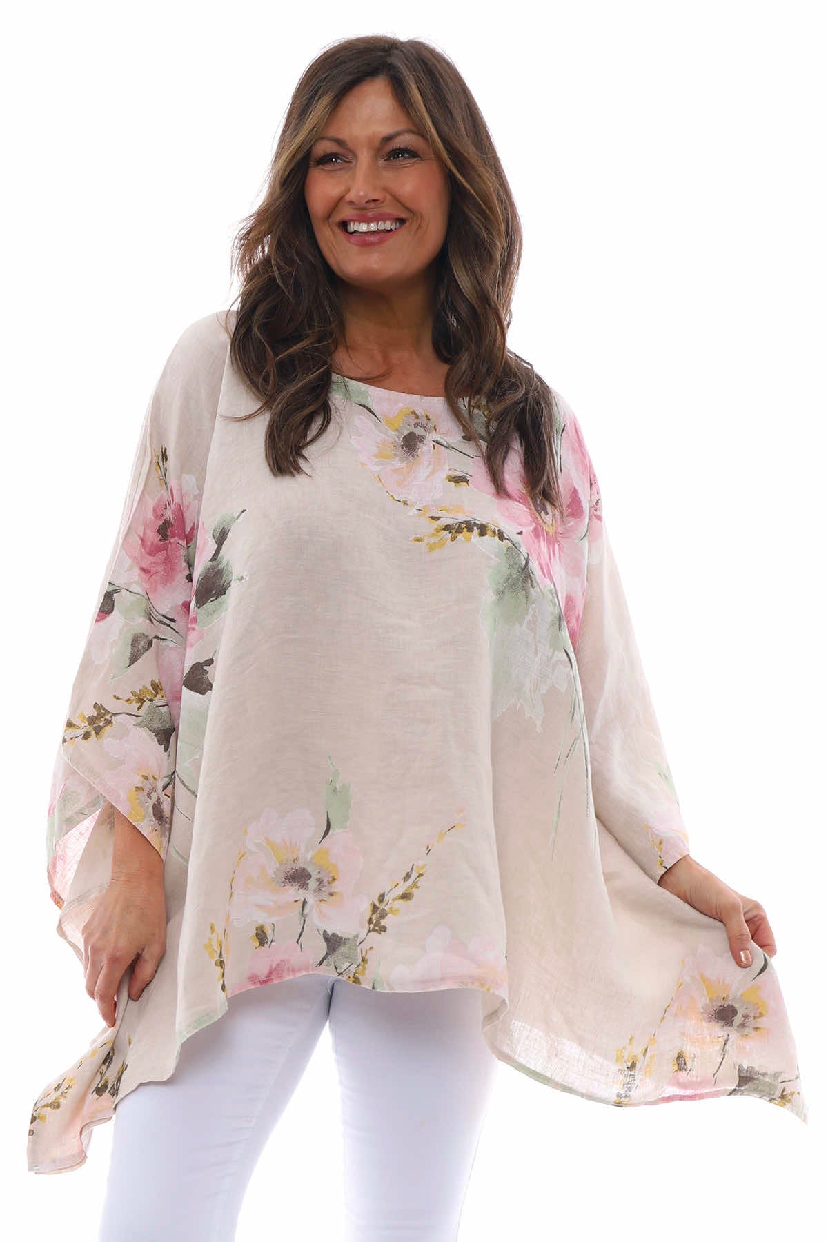 Melina Floral Batwing Linen Top Stone