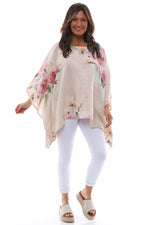 Melina Floral Batwing Linen Top Stone Stone - Melina Floral Batwing Linen Top Stone