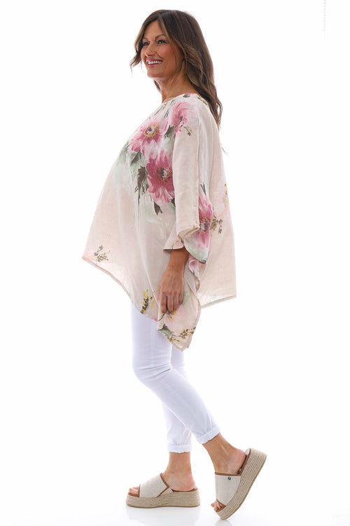 Melina Floral Batwing Linen Top Stone - Image 7