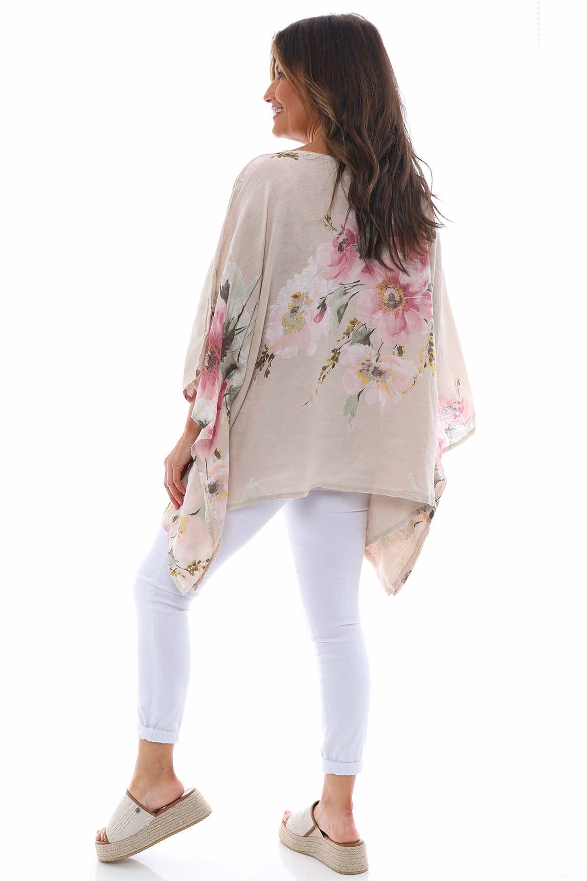 Melina Floral Batwing Linen Top Stone