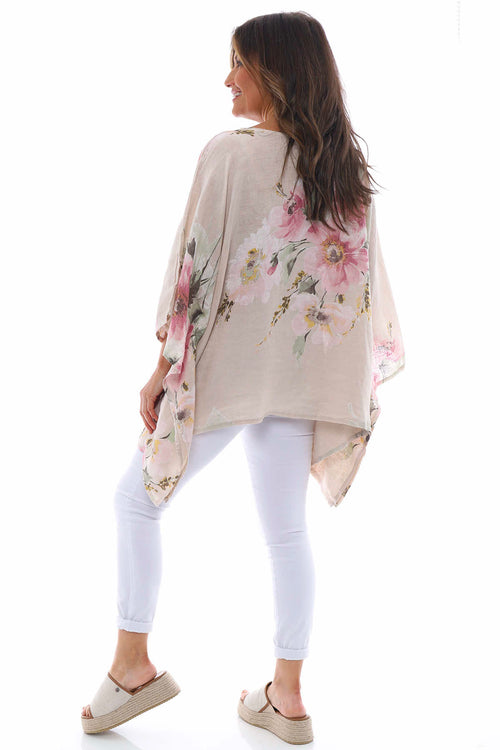 Melina Floral Batwing Linen Top Stone - Image 8
