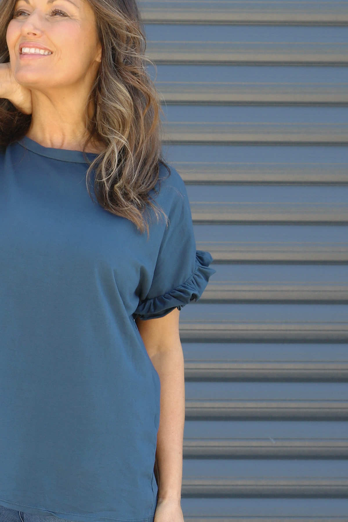 Summerleaze Frill Sleeve Cotton Top Navy