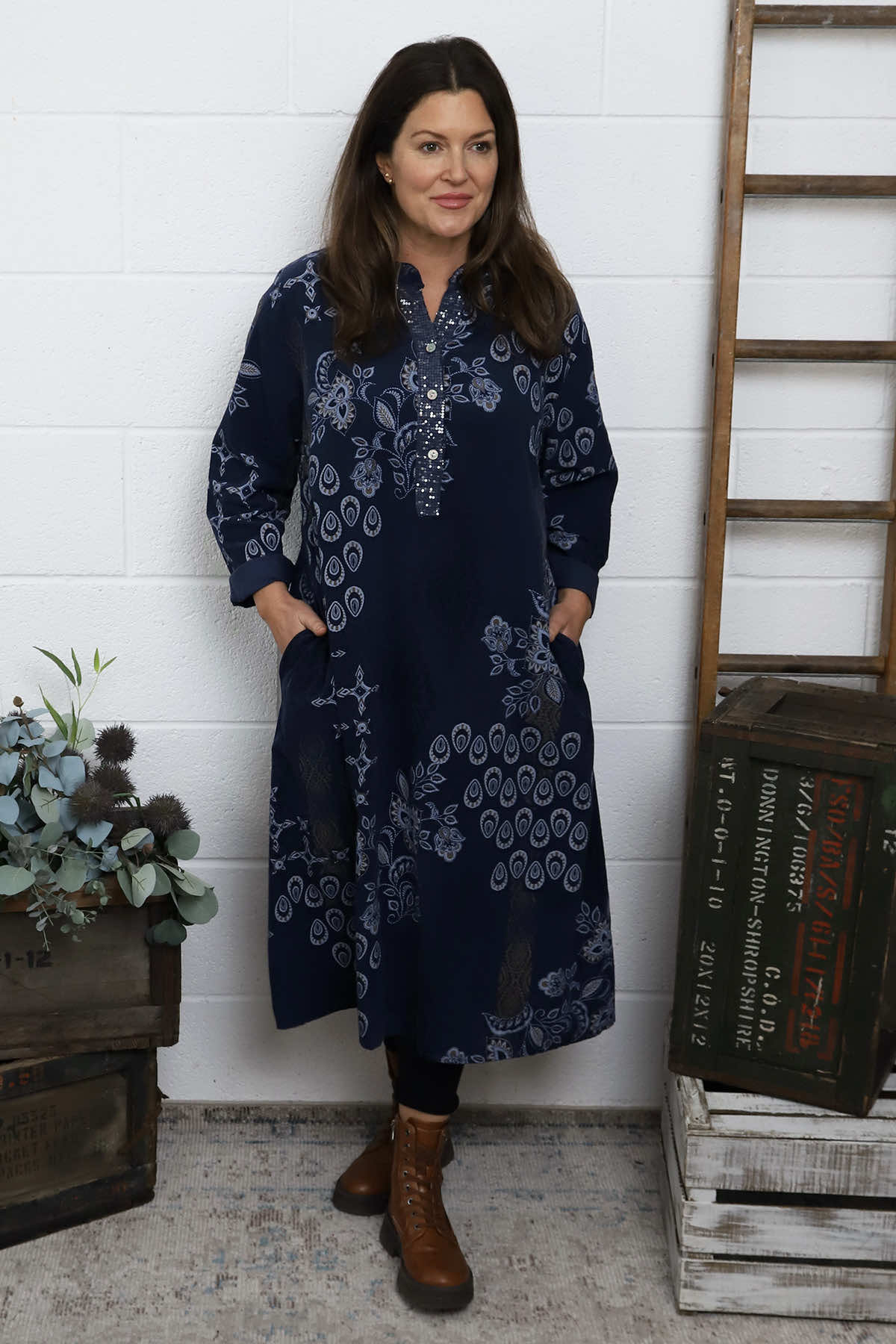 Alana Needlecord Pattern Dress Navy