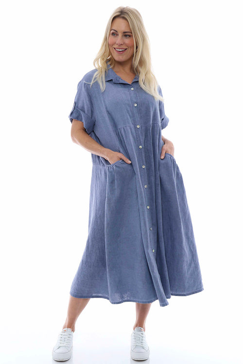 Astoria Washed Button Linen Dress Navy - Image 3
