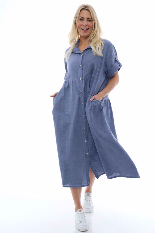 Astoria Washed Button Linen Dress Navy - Image 4