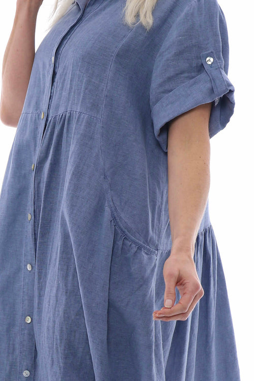 Astoria Washed Button Linen Dress Navy - Image 6