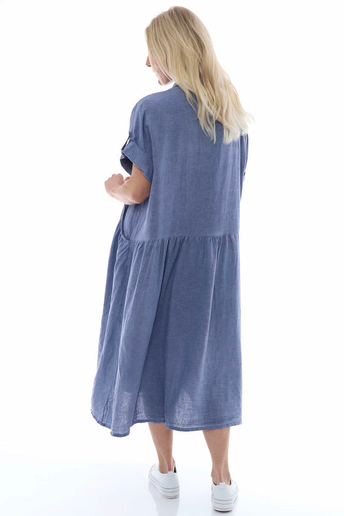 Astoria Washed Button Linen Dress Navy - Image 5
