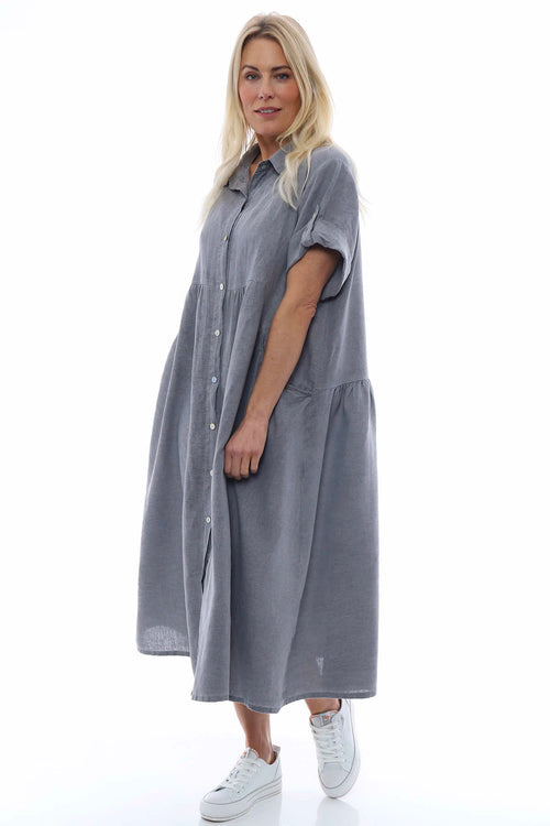 Astoria Washed Button Linen Dress Mid Grey - Image 3