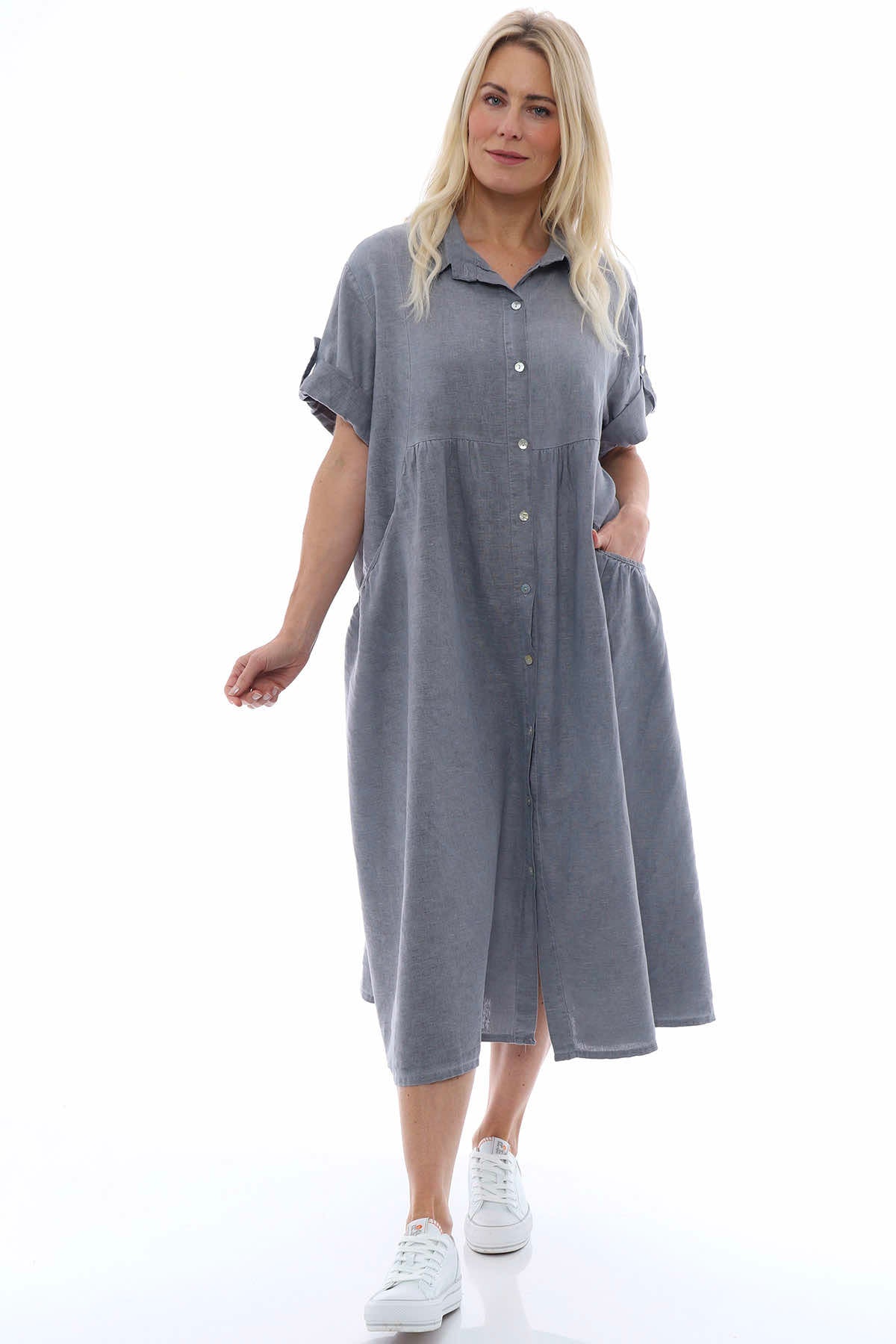 Astoria Washed Button Linen Dress Mid Grey
