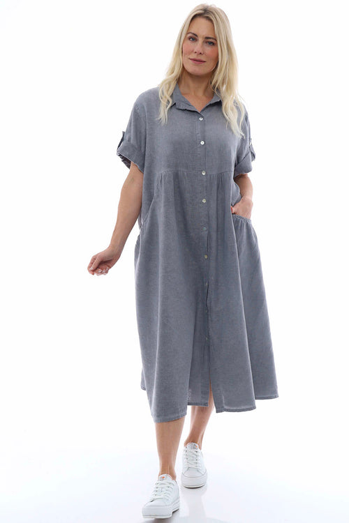 Astoria Washed Button Linen Dress Mid Grey - Image 4