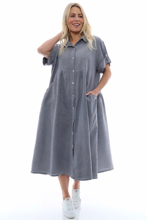 Astoria Washed Button Linen Dress Mid Grey - Image 1