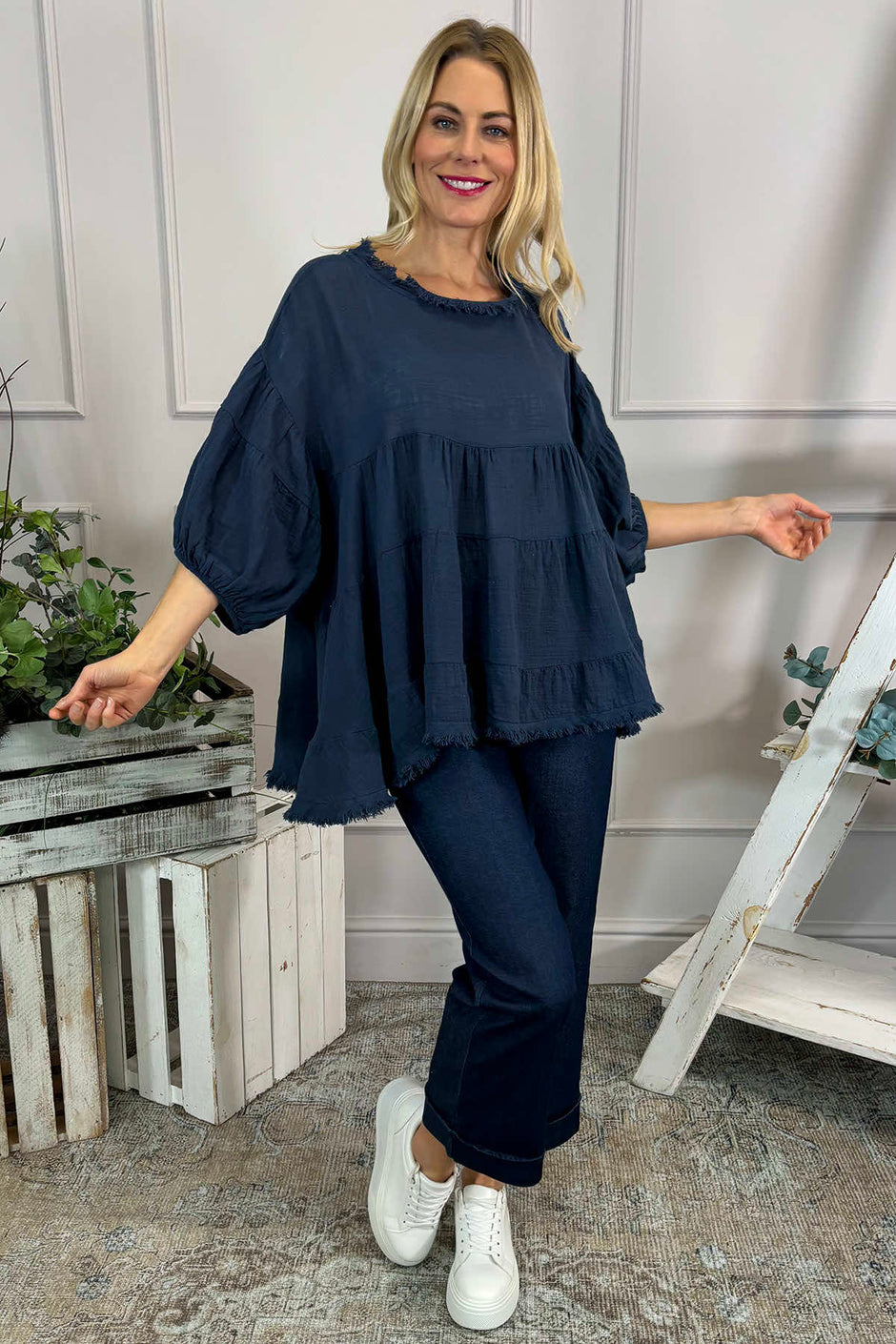 Bingham Tiered Cotton Top Navy