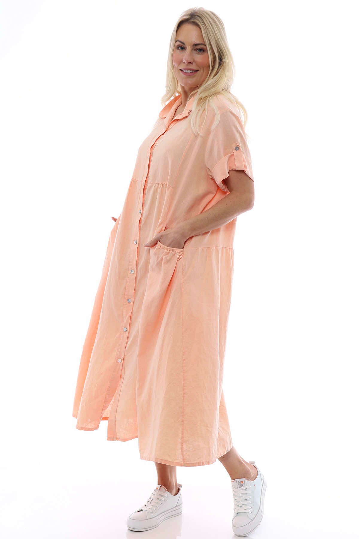 Astoria Washed Button Linen Dress Coral