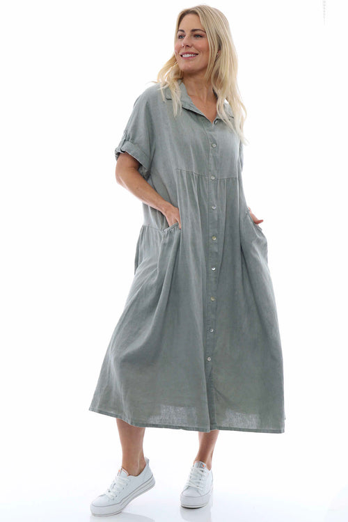 Astoria Washed Button Linen Dress Khaki