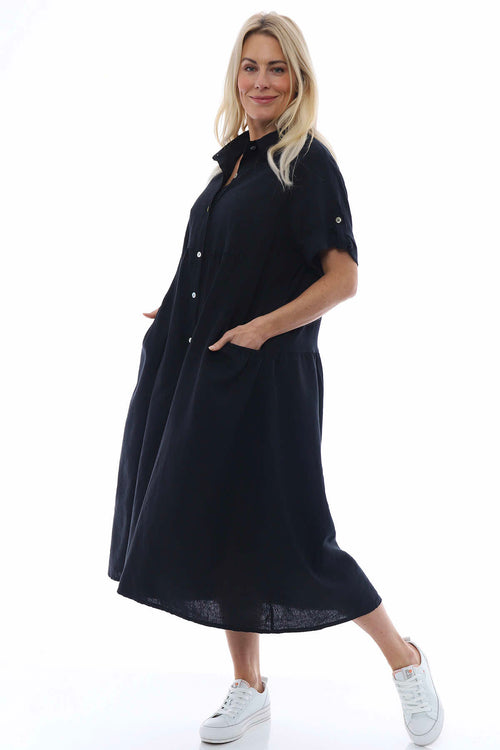 Astoria Washed Button Linen Dress Black - Image 3
