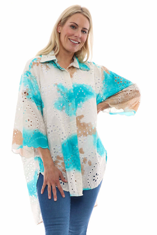 Jacinda Broderie Anglaise Cotton Shirt Aqua - Image 2