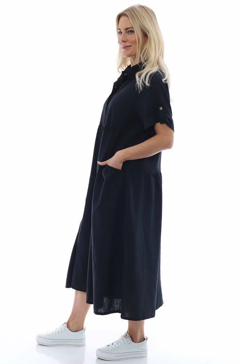 Astoria Washed Button Linen Dress Black - Image 4