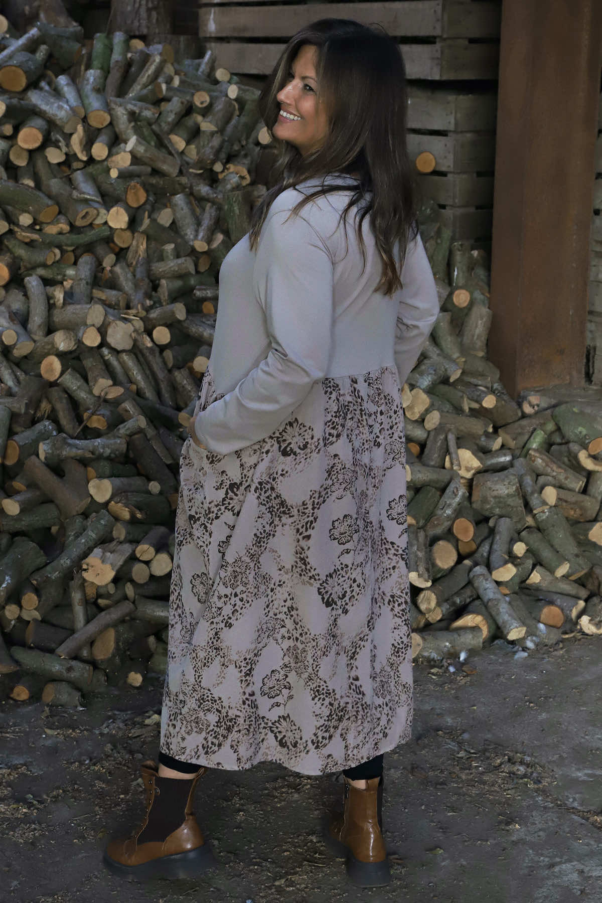 Jillian Pattern Cotton Dress Mocha