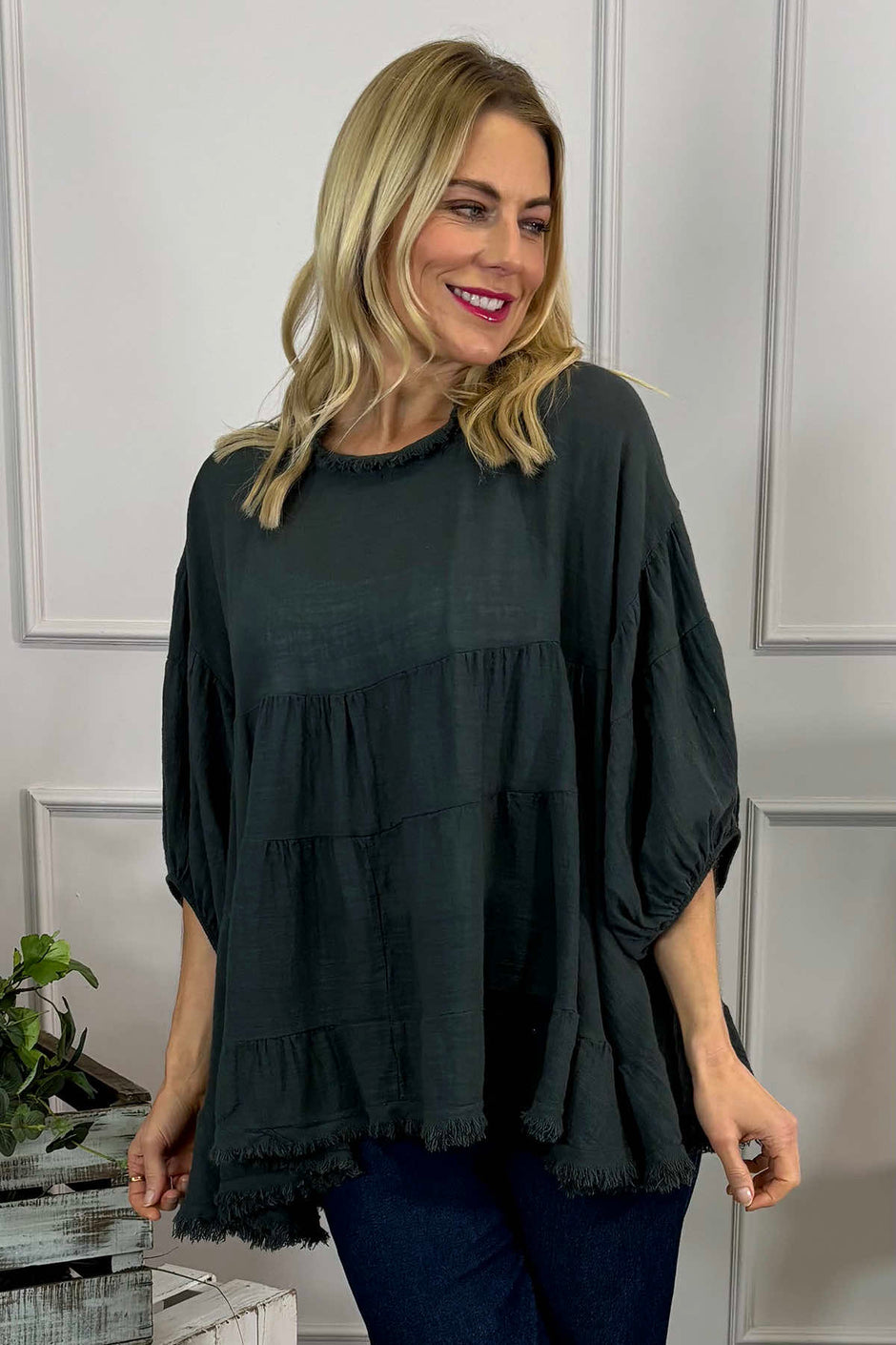 Bingham Tiered Cotton Top Charcoal