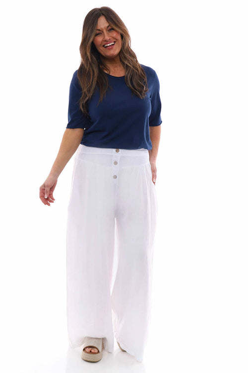 Evelyn Button Linen Trousers White