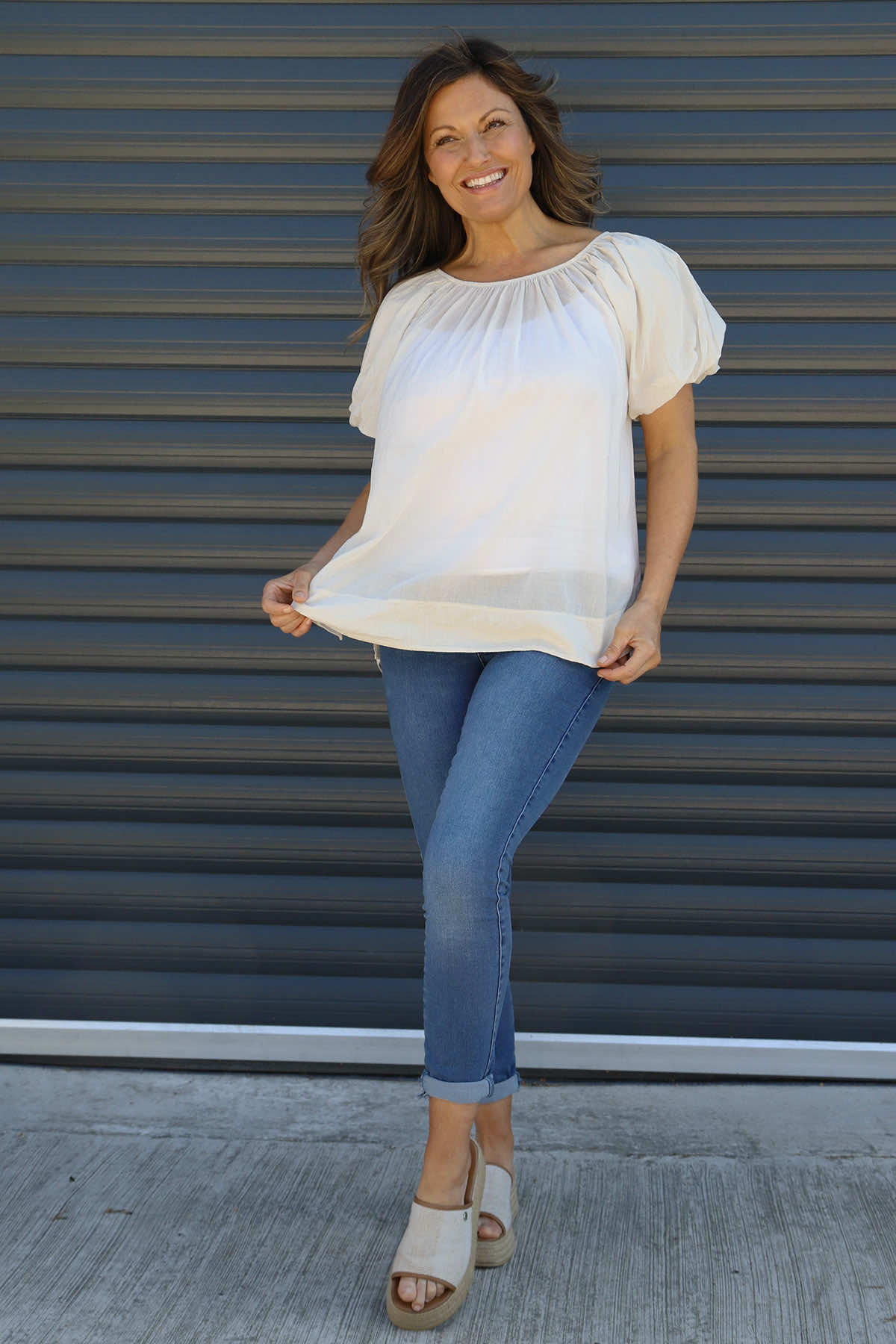 Bude Puff Sleeve Cotton Top Stone