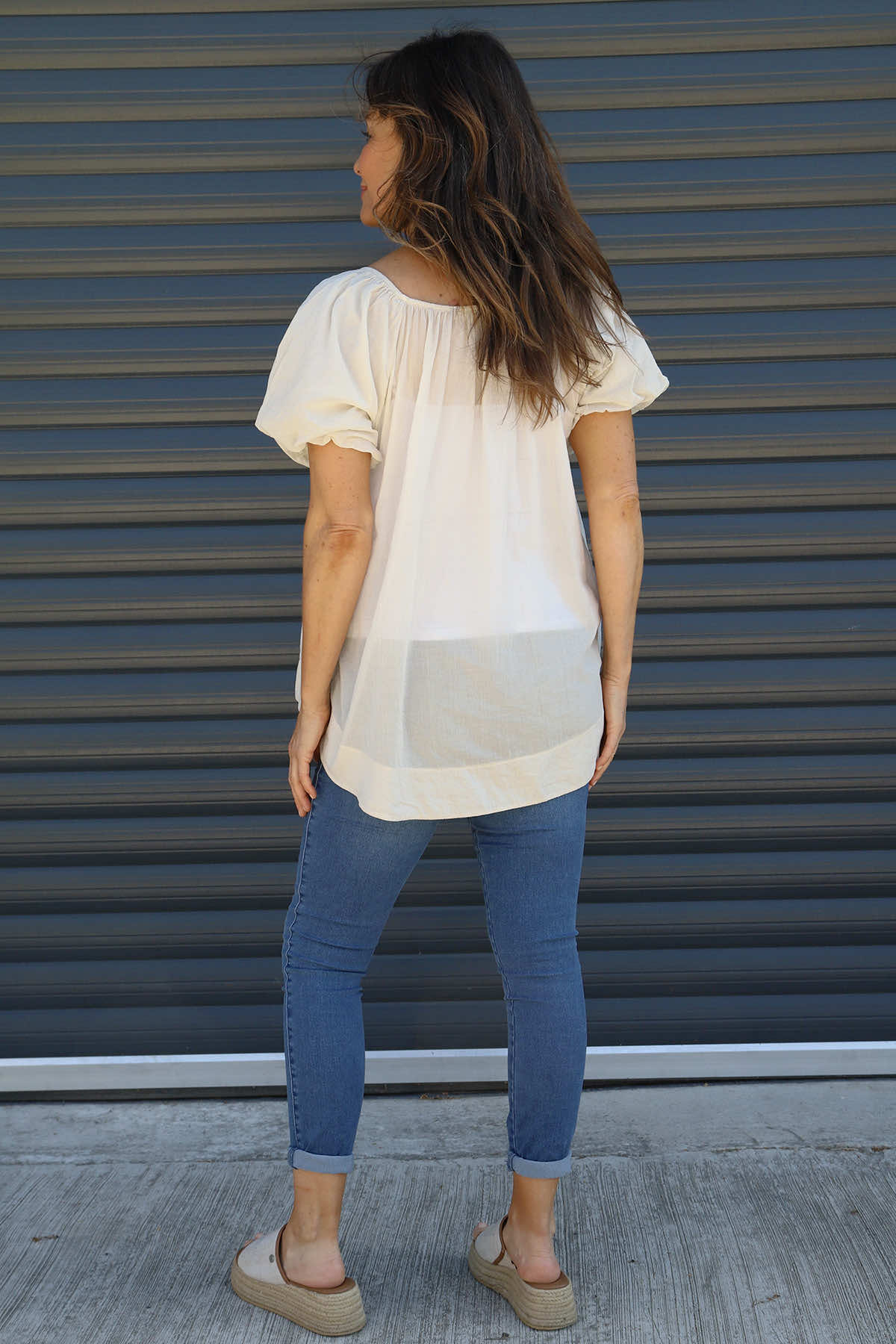 Bude Puff Sleeve Cotton Top Stone