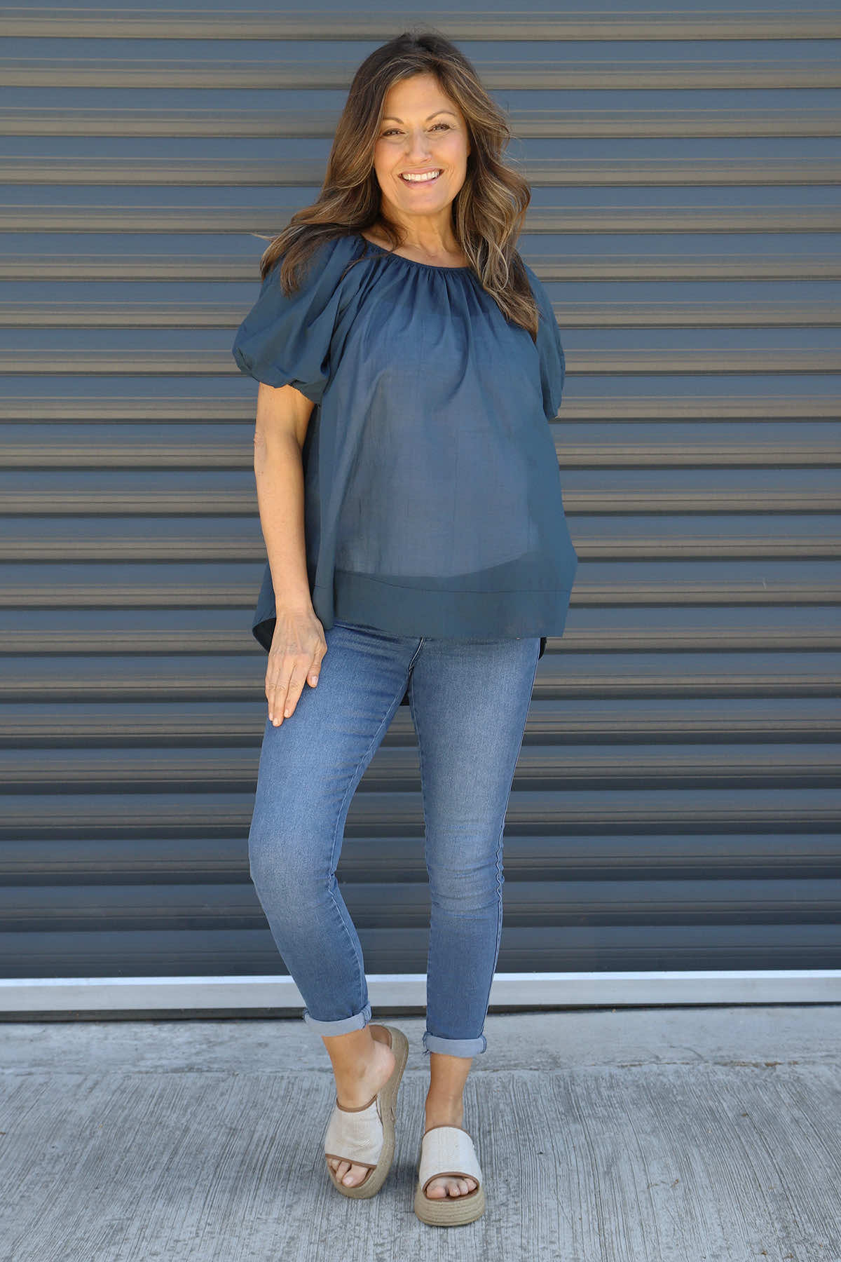 Bude Puff Sleeve Cotton Top Navy