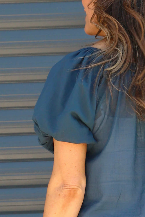 Bude Puff Sleeve Cotton Top Navy - Image 3