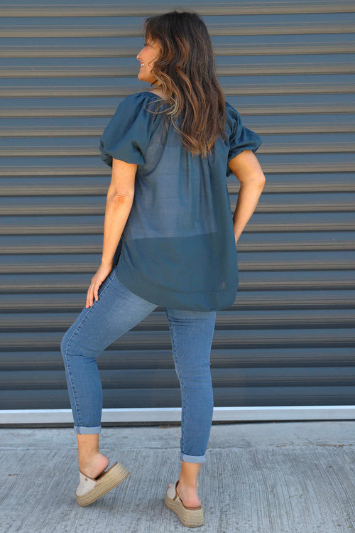 Bude Puff Sleeve Cotton Top Navy - Image 4